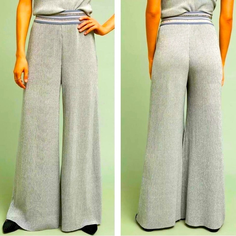 Anthropologie Ett Twa Pants Silver Metallic Crepuscule Wide Leg Ribbed Medium